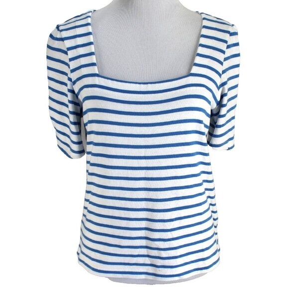 Lands End Knit Top Womens Size M Blue White Stripe Square Neck Short Sleeve - Picture 1 of 7
